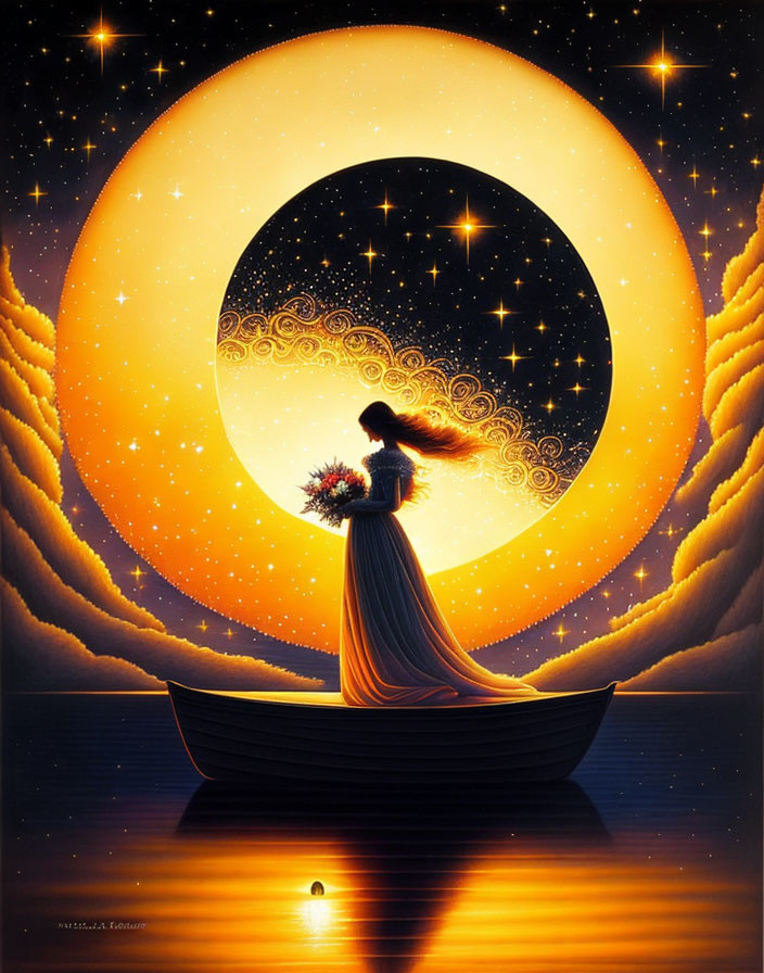 Silhouette of person in boat holding flowers under crescent moon