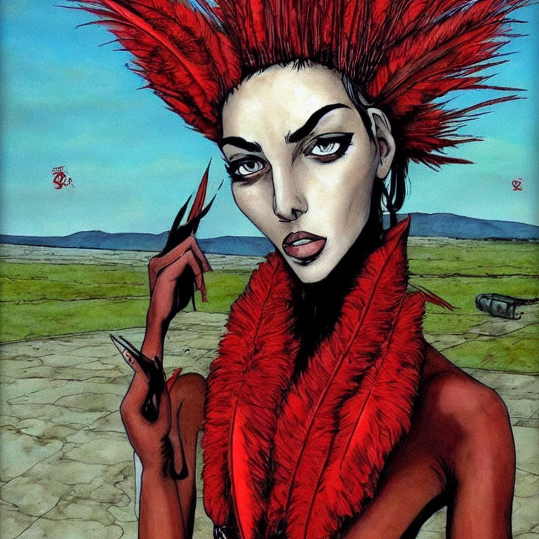 Stylized illustration of woman with red mohawk and feather boa in desolate landscape