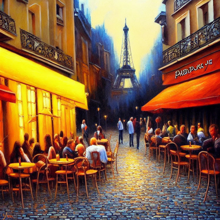 Vibrant painting of Parisian street at dusk with Eiffel Tower