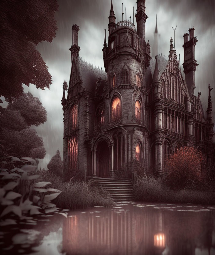 Eerie Gothic Mansion Dusk Scene with Orange Windows