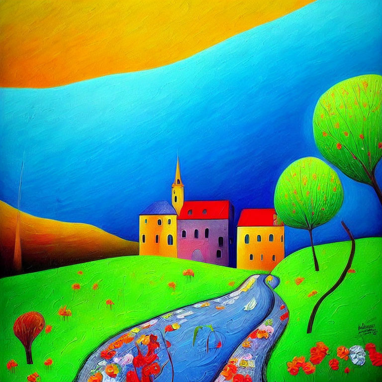 Colorful Rural Landscape Painting with Stream, Church, and Trees