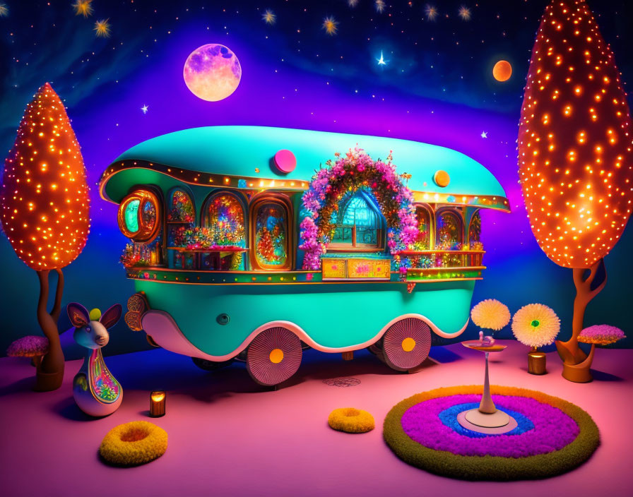 Colorful Caravan with Flowers and Lights in Whimsical Night Scene