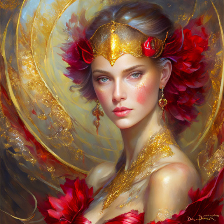 Regal Woman with Blue Eyes and Golden Headpiece