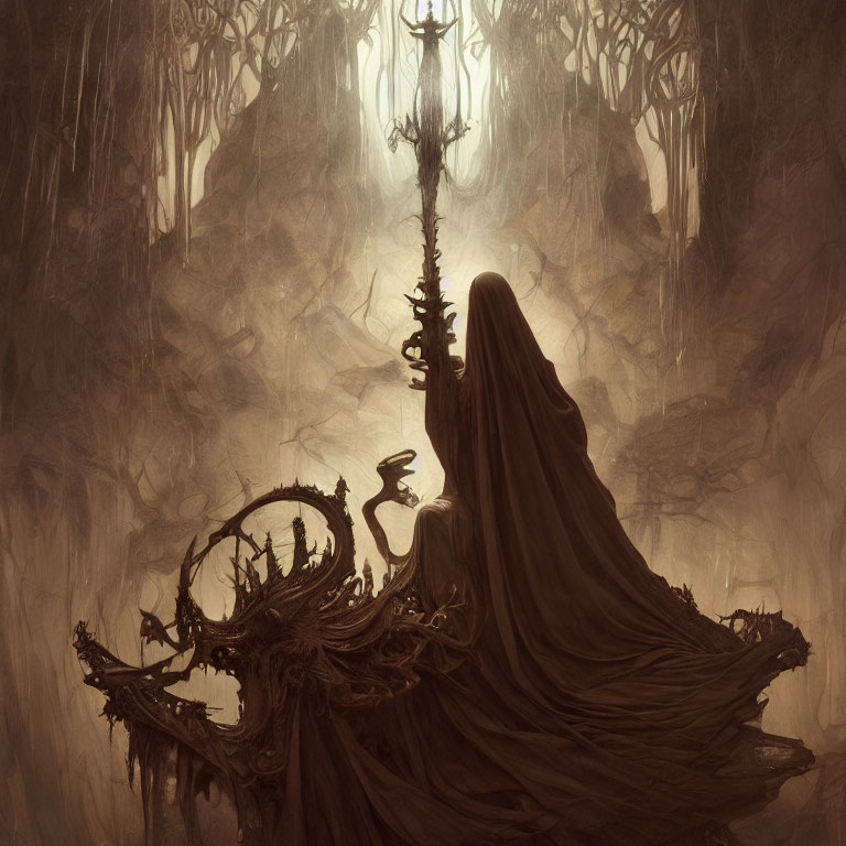 Mysterious figure on gnarled throne in eerie forest