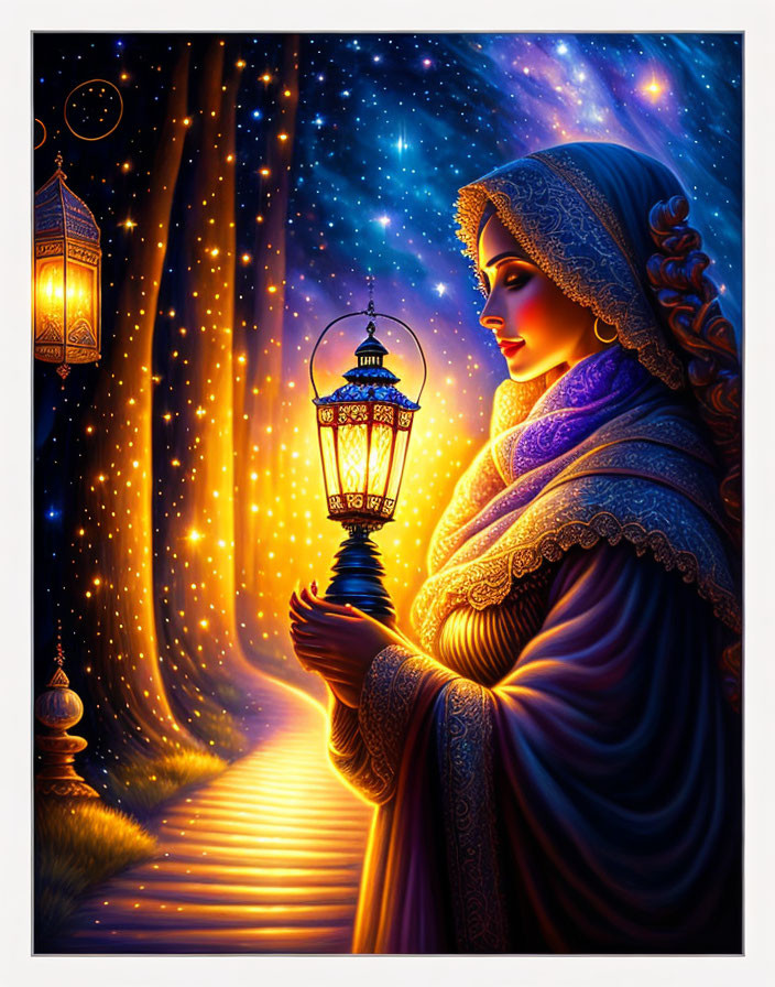 Illustrated woman in traditional attire with lit lantern in mystical starry night