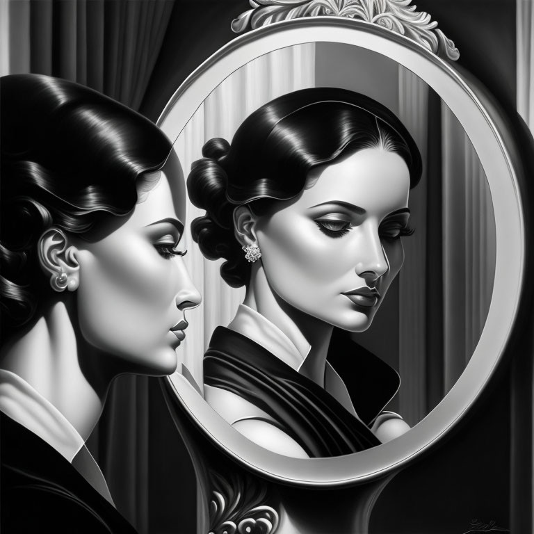 Monochrome image of woman with elegant hairstyles reflected in ornate oval mirror