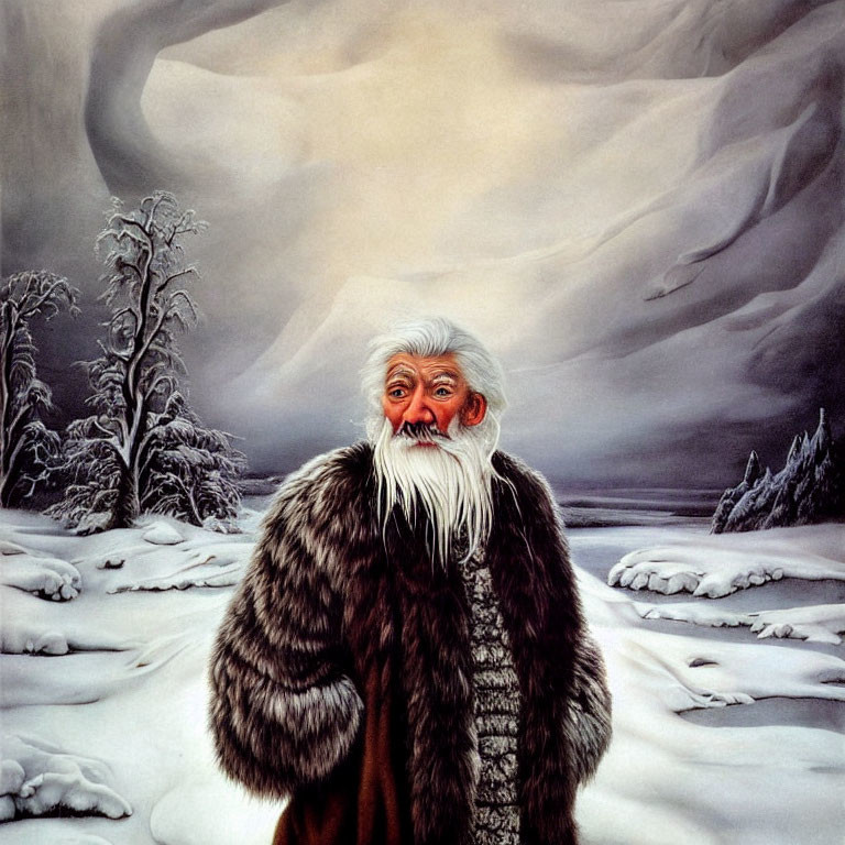 Elderly man with long white beard in fur coat in snowy landscape