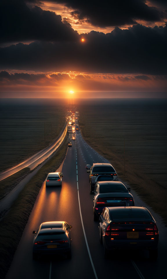 Sunset over coastal road with vehicles and dramatic sky