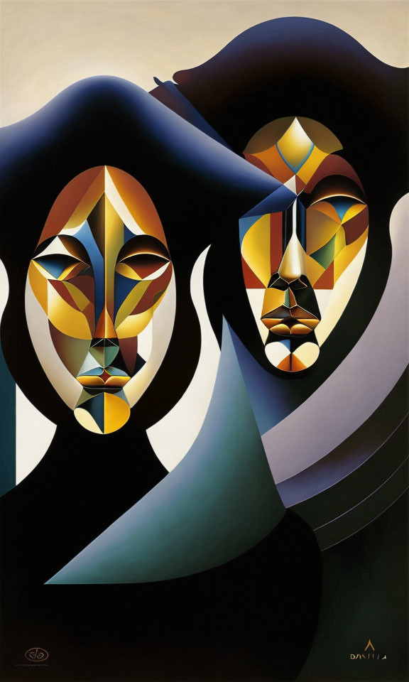 Cubist-style painting of two faces with geometric shapes in warm and cool tones