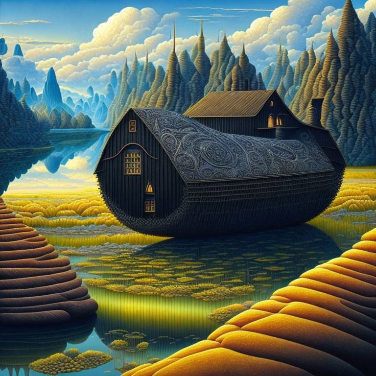 Detailed Fantasy Houseboat Floating on Tranquil River in Surreal Landscape