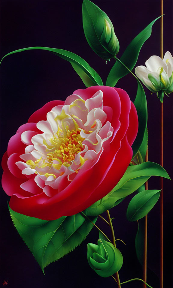 Vibrant painting of large red flower with white highlights on dark background