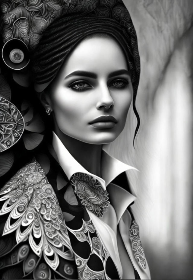 Monochrome artistic portrait of a woman with ornate patterns exuding elegance