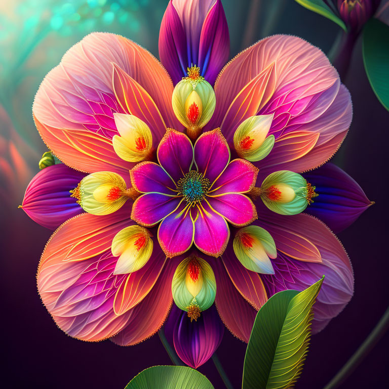 Colorful digital artwork: Vibrant multi-layered flower in purple, pink, yellow, and orange