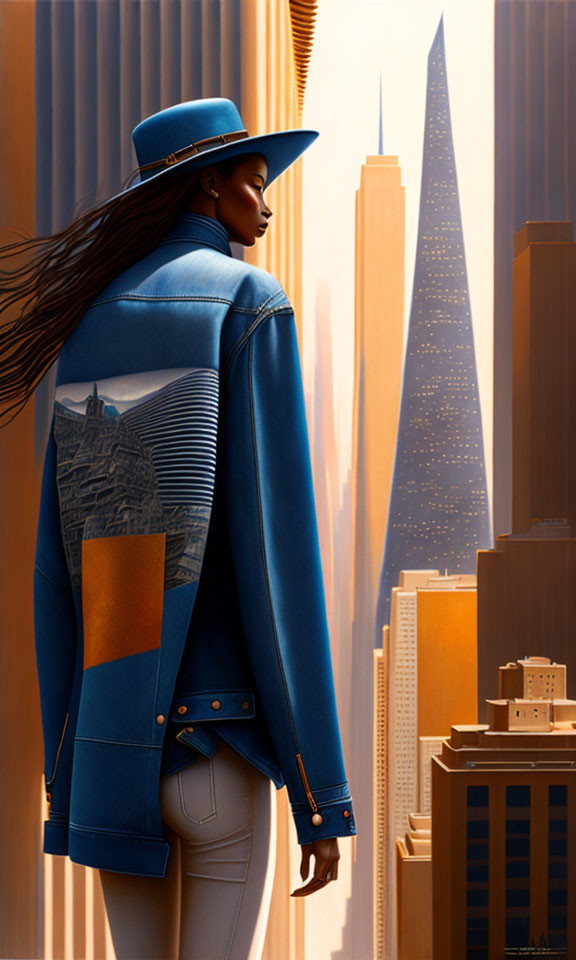 Stylized illustration of woman in blue hat and jacket overlooking cityscape with tall skyscrapers under