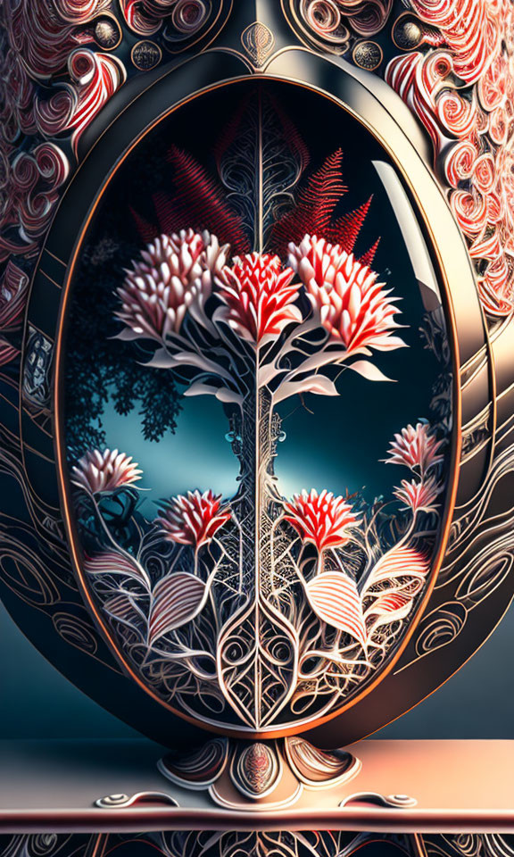 Stylized red flowers in oval frame on gradient background