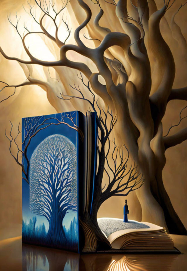 Open book with landscape and mirrored tree creates surreal atmosphere