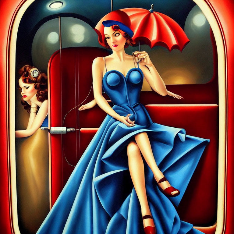 Vintage attire painting of two women in red booth with umbrella and headset