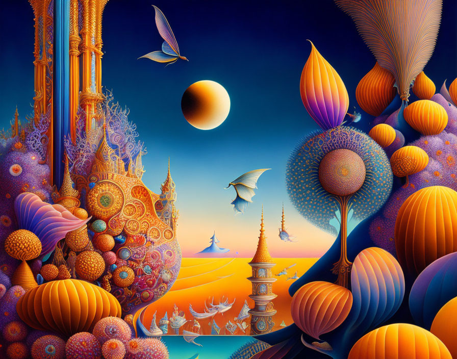 Surreal landscape with alien-like flora, floating spheres, and flying fish