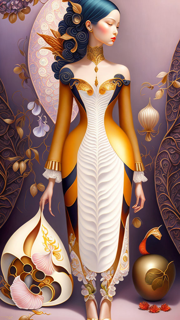 Illustrated woman in white and gold dress with egg-shaped object on purple background