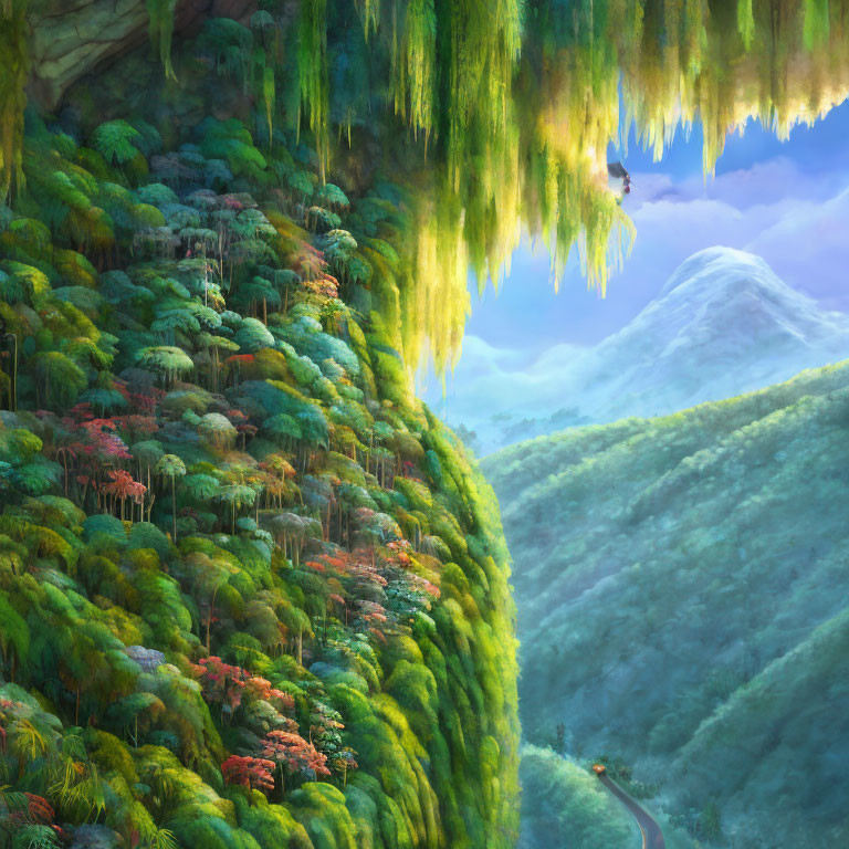 Lush Foliage-Covered Cliffs Overlooking River Valley and Misty Mountains