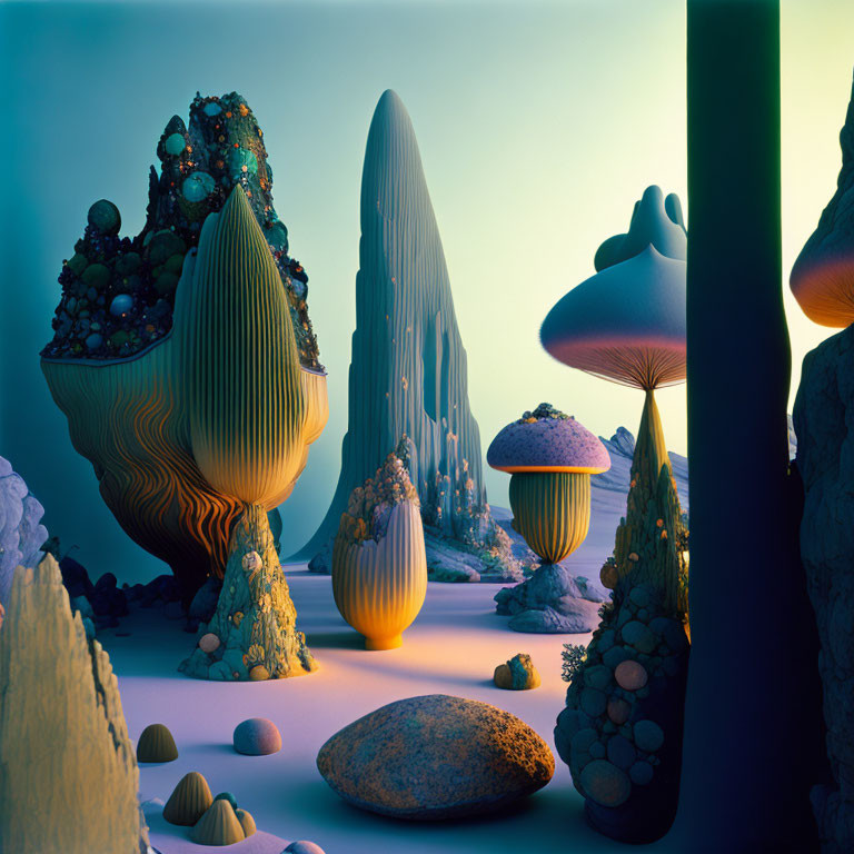 Surreal Landscape with Mushroom-like Structures in Twilight