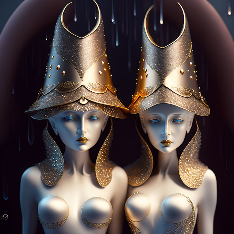 Stylized figures with decorative helmets and gold accents in raindrop motif on dark background