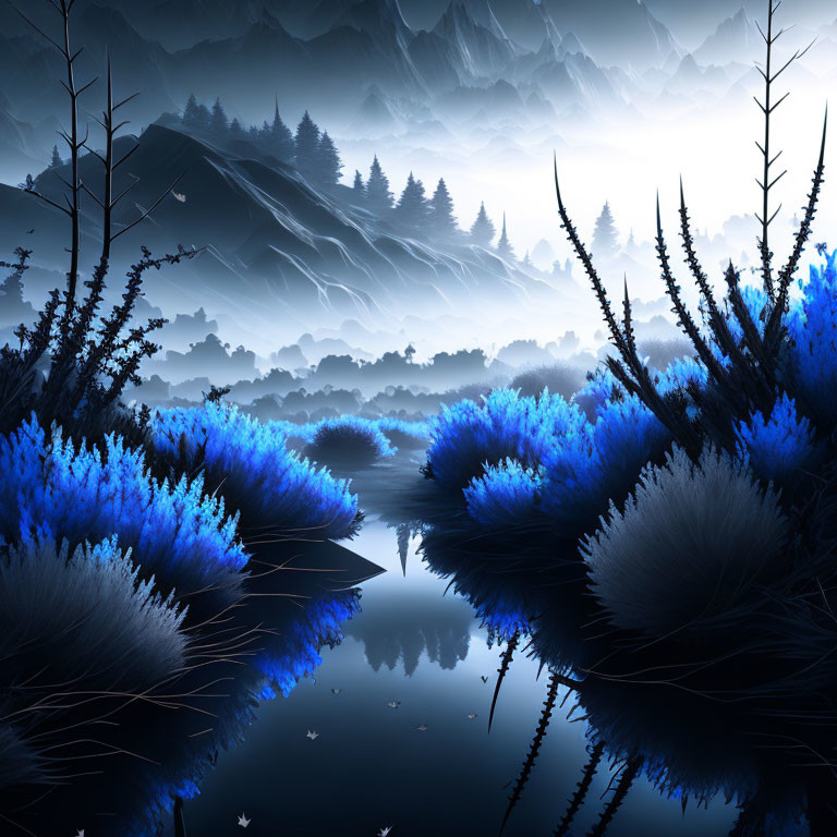 Mystical landscape with neon blue plants by tranquil lake