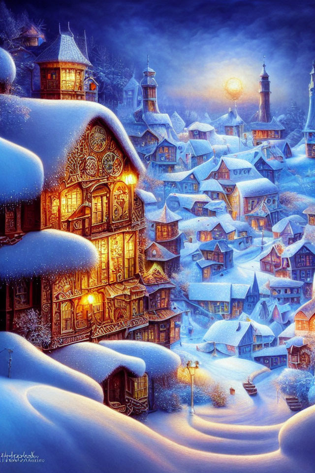 Snow-covered houses under full moon in winter village scene