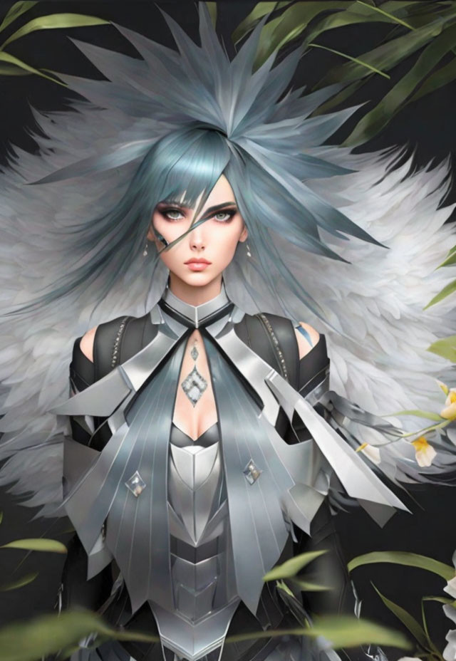 Blue-haired character in futuristic silver armor with piercing eyes and white feathers.