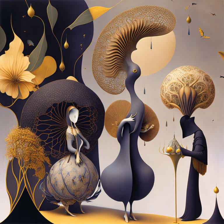 Stylized figures with mushroom cap heads in fantastical setting