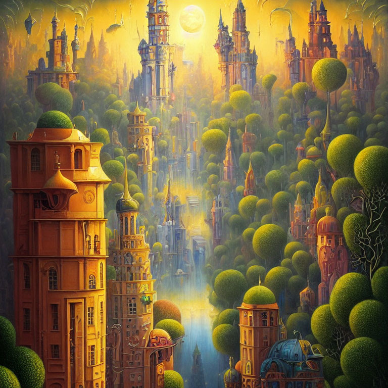 Golden-hued cityscape with tree-covered domes under a sunset sky