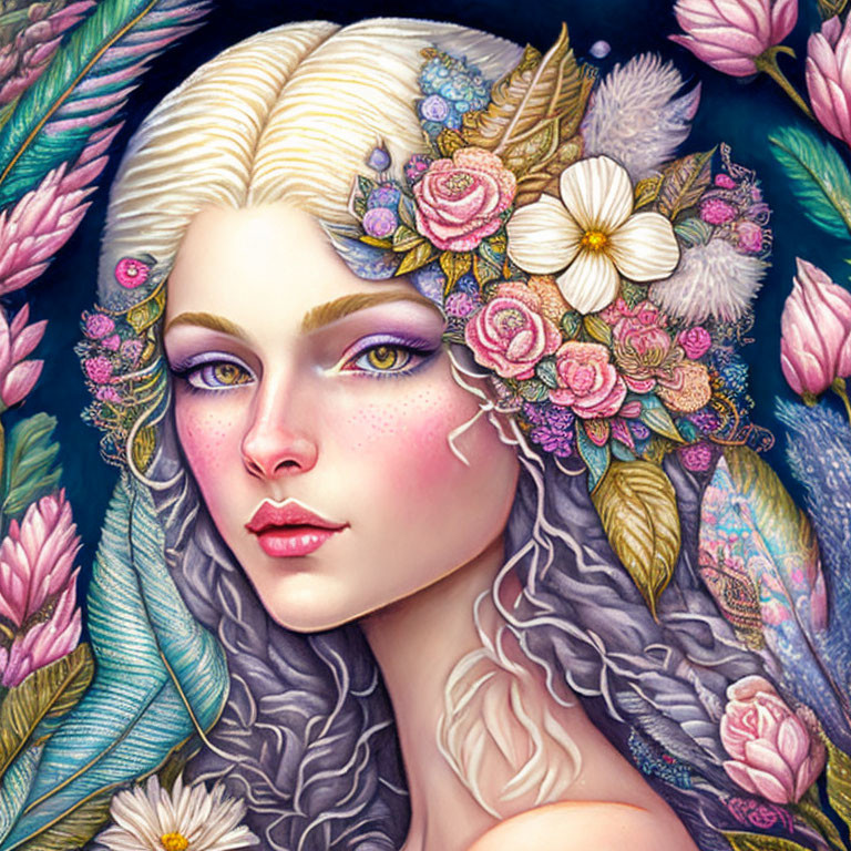 Illustrated portrait of pale-skinned woman with floral motifs, feather details, white hair, vibrant makeup