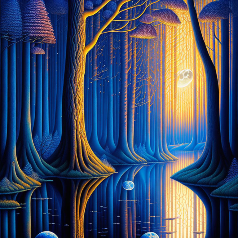 Vibrant Blue and Orange Mystical Forest with Glowing Mushrooms