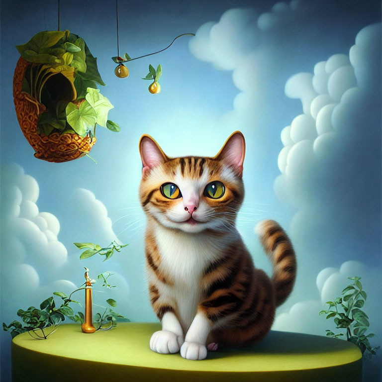 Whimsical cat painting with expressive eyes on green pedestal among clouds