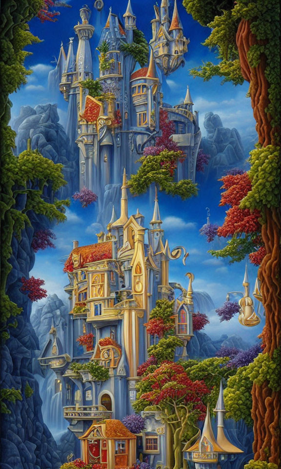 Vibrant painting of castle among colorful trees and cliffs