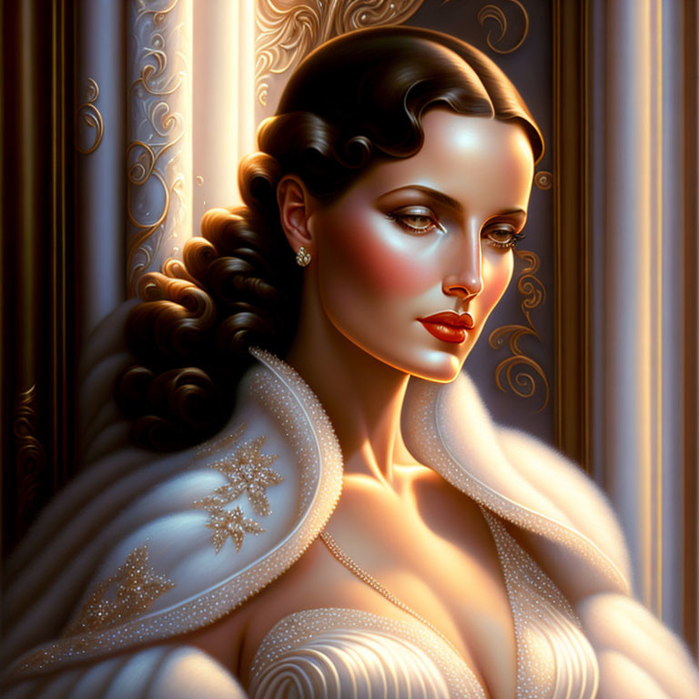 Illustrated portrait of woman with wavy hair and white outfit