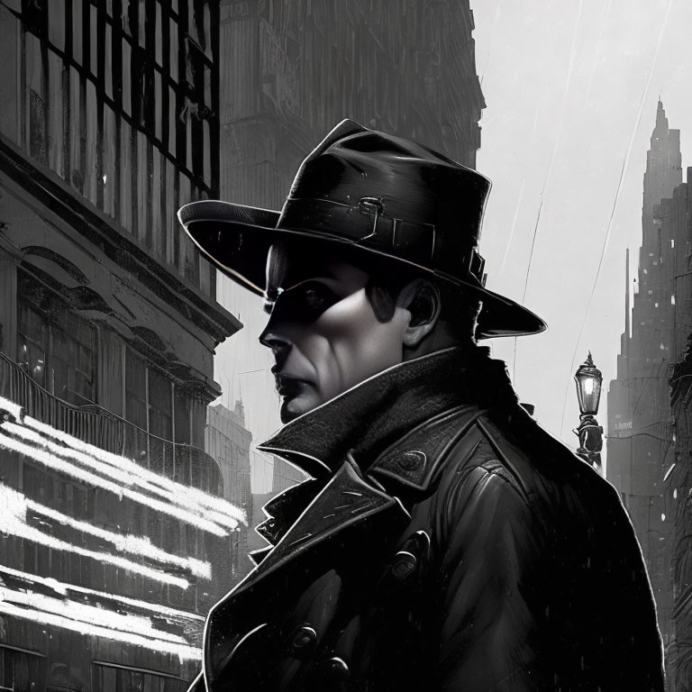 Monochrome illustration of man in trench coat and fedora in rainy noir cityscape