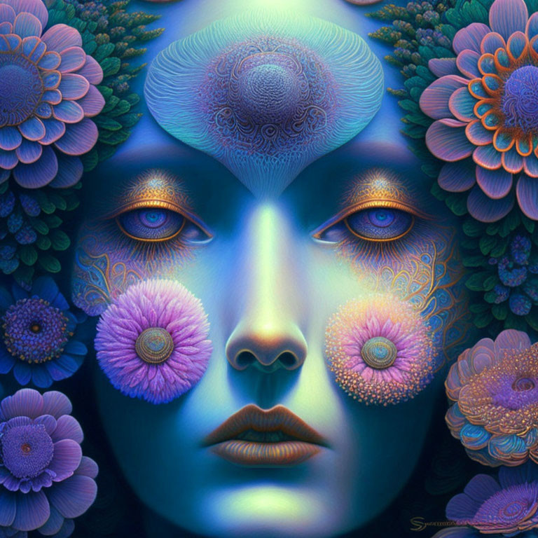 Surreal portrait of woman with floral elements in blue and purple palette