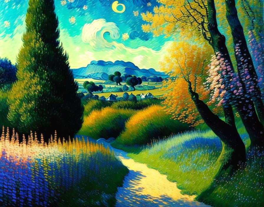 Colorful Landscape Painting with Swirling Skies and Sunlit Path