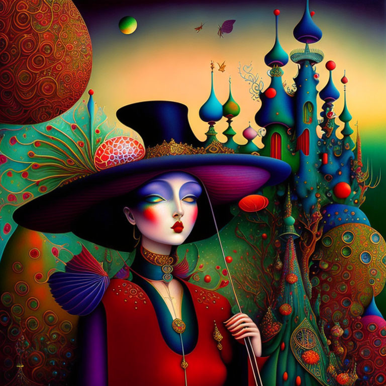 Surreal image of woman with elaborate hat in whimsical setting