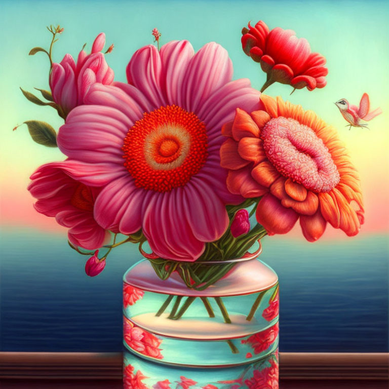 Colorful Flower Bouquet Painting with Sunset Seascape Background