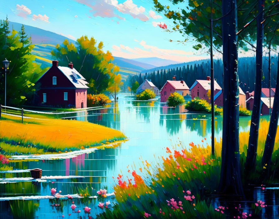 Colorful painting of lakeside village with charming houses and blue skies