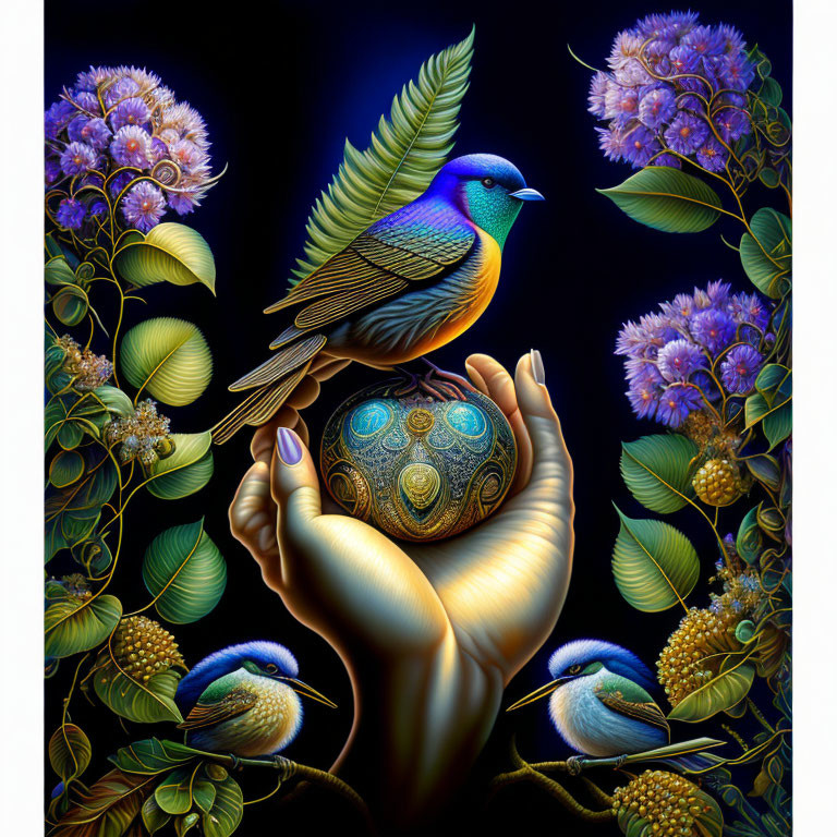 Colorful birds and ornate egg in hand artwork with lush flora