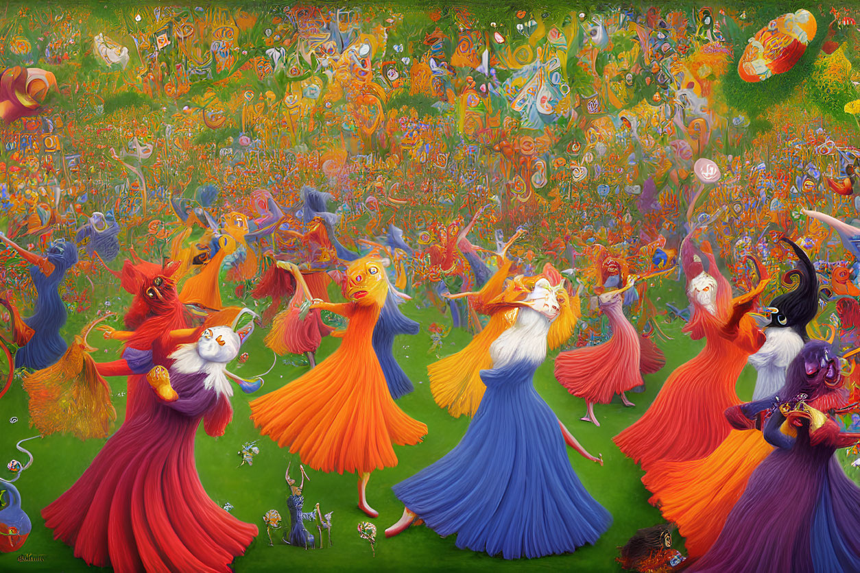 Colorful Artwork of Whimsical Creatures in Festive Gathering