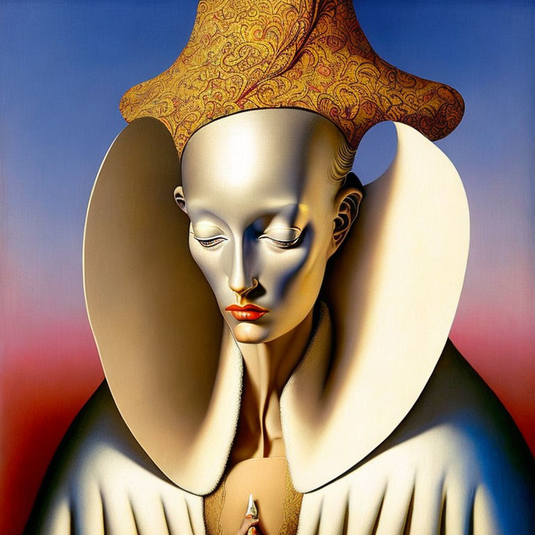 Surreal portrait of figure with pale face and ornate hat on gradient background