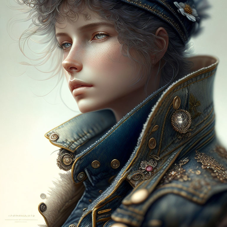 Detailed digital artwork of a woman in ornate military-style jacket and floral cap, with wistful