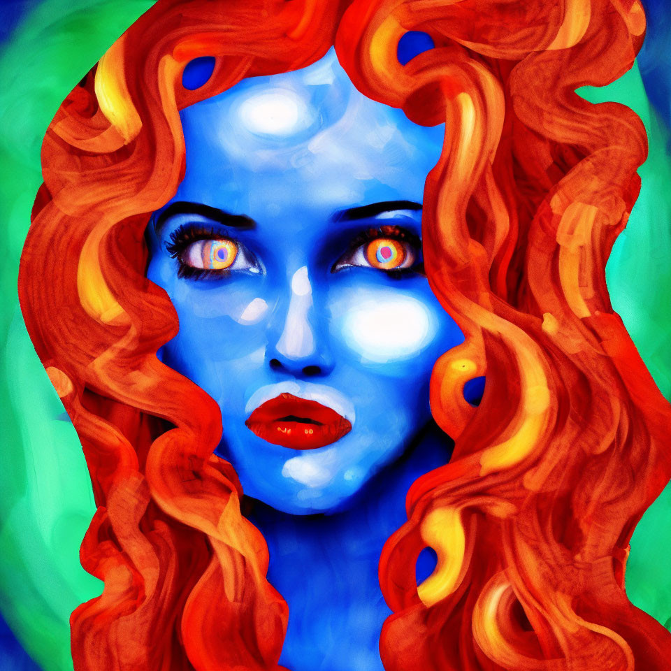 Colorful portrait of figure with blue skin, blue eyes, red and orange hair on green background