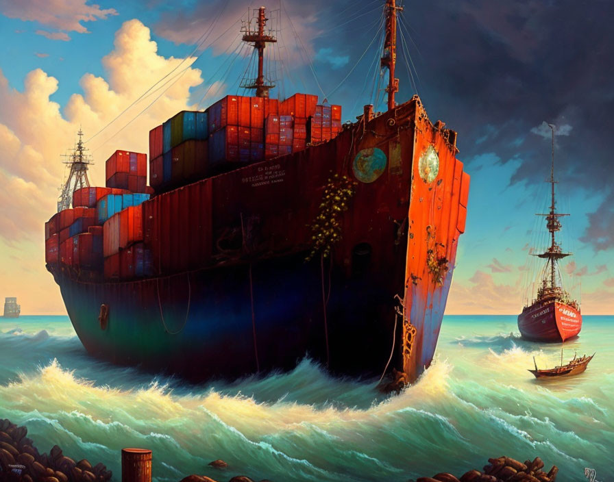 Rusty beached cargo ship with containers and smaller boats against dramatic ocean backdrop