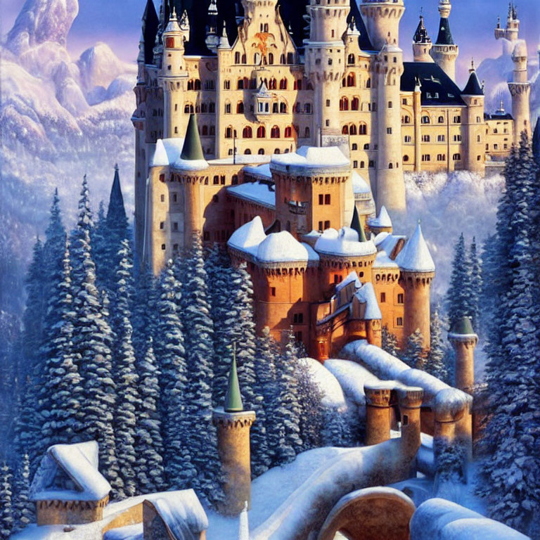 Snowy Landscape: Majestic Castle, Frost-Covered Trees & Twilight Sky