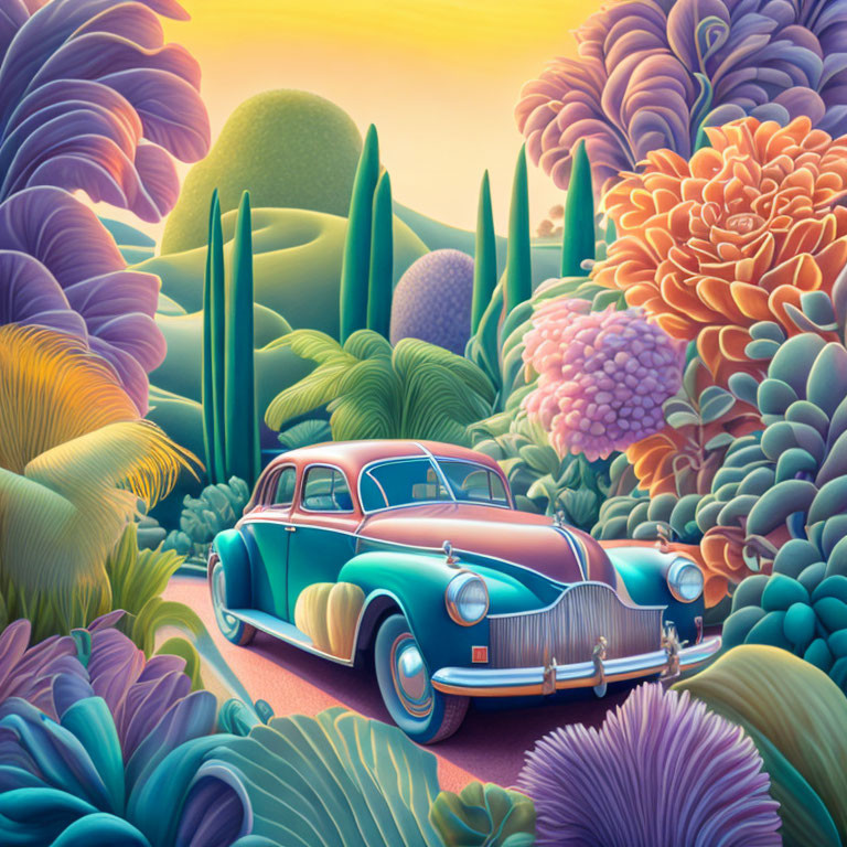 Vibrant classic car illustration in lush landscape